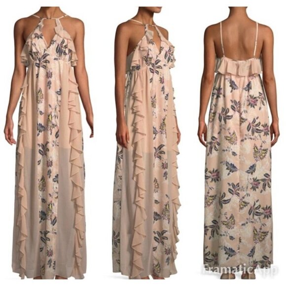 TJD The Jetset Diaries Sz S Beige Ruffled Floral Print Long Maxi Dress V Neck - Picture 11 of 16